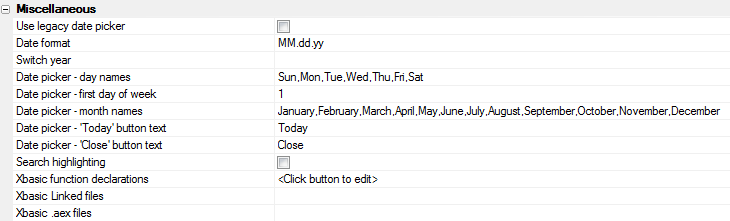 Date Picker settings in the Other Properties section of the Grid Builder